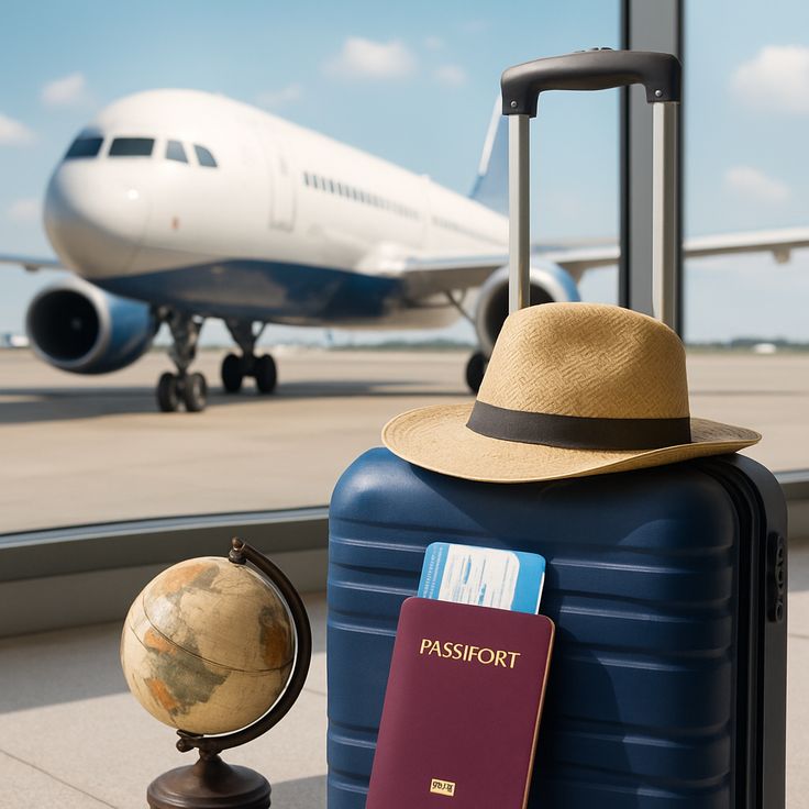 Airplane flying over a city skyline at sunset